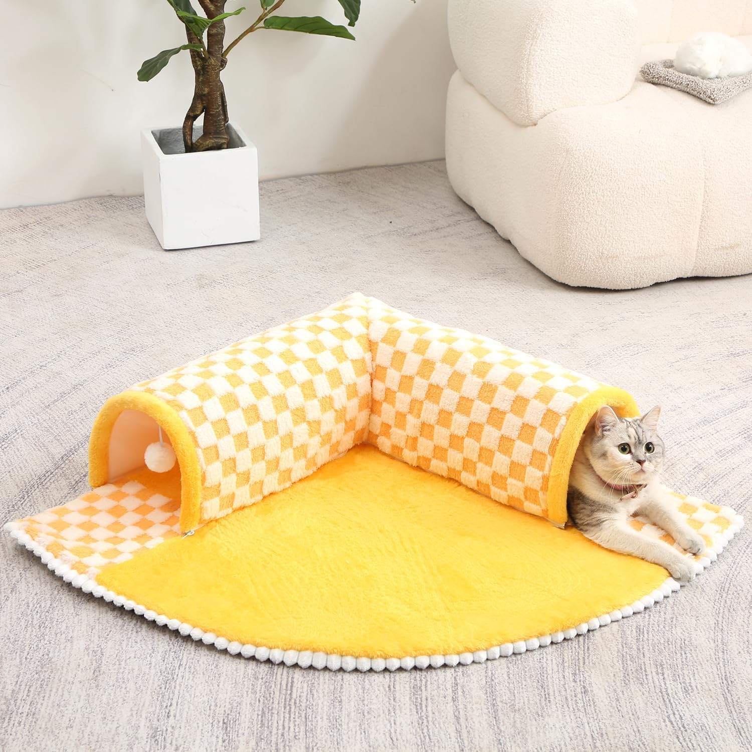 HKM-0347453 2-in-1 Plush Pet Bed Tunnel with Anti-Slip Base for Cats and Dogs