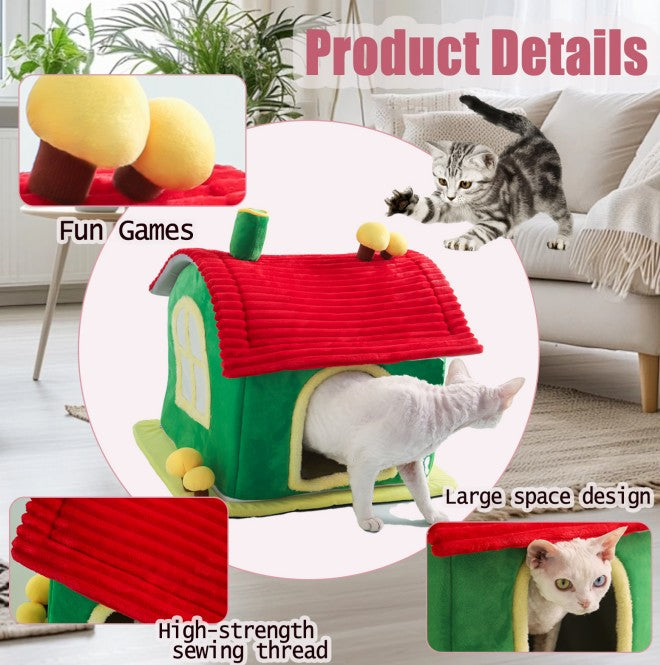 HKM-0347837 Cozy Indoor Enclosed Cat Bed with Removable Cleaning Mat - Warm Cave Design for Comfort and Privacy