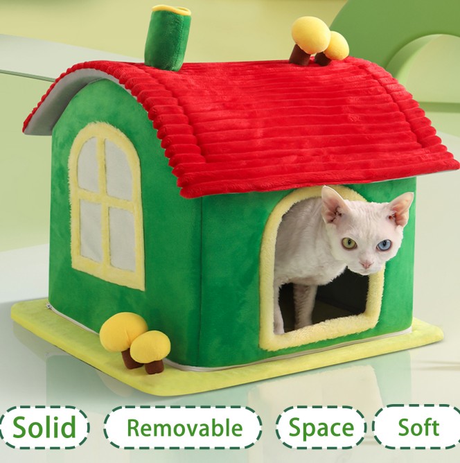 HKM-0347837 Cozy Indoor Enclosed Cat Bed with Removable Cleaning Mat - Warm Cave Design for Comfort and Privacy