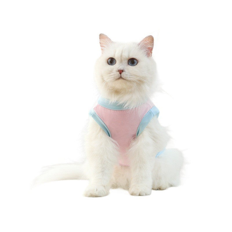 HKM-0348733 Pet Ice Silk Sun Protection Vest for Cats - Unisex Clothing in Grape Purple, Island Blue, and Cherry Blossom Pink