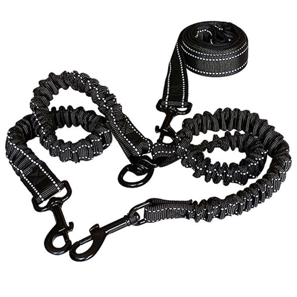HKM-0349757 Dual-Headed Polyester Dog Leash with Elastic Foot, Black, 100cm Length, 2.5cm Width