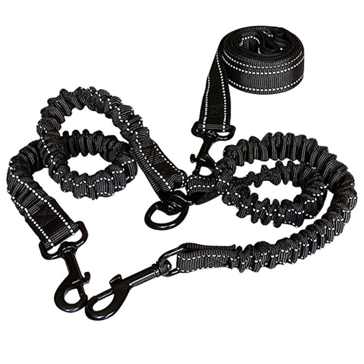 HKM-0349757 Dual-Headed Polyester Dog Leash with Elastic Foot, Black, 100cm Length, 2.5cm Width