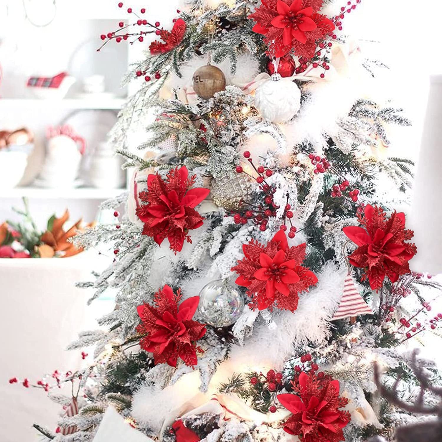 HKM-035155 Double-Layer Christmas Flower Garland in Gold, Red, Silver - 14cm Plastic Decoration