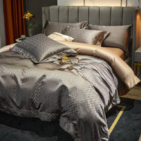 HKM-035347 Luxury Jacquard Bedding Set with Stripes - Four-Piece Cotton Satin Quilt Cover and Bed Sheet Collection