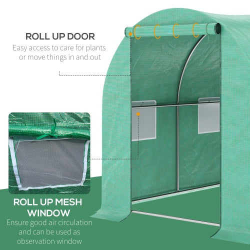 HKM-0353597 Outsunny Walk-In Tunnel Hoop Greenhouse 15' x 7' x 6.5' with PE Cover, Steel Frame, Zipper Door & Roll-Up Windows for Plants and Vegetables
