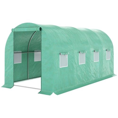 HKM-0353597 Outsunny Walk-In Tunnel Hoop Greenhouse 15' x 7' x 6.5' with PE Cover, Steel Frame, Zipper Door & Roll-Up Windows for Plants and Vegetables