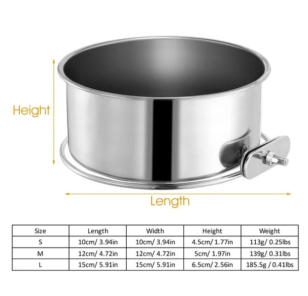 HKM-0353725 Detachable Stainless Steel Dog Bowl with Clamp for Pet Cages, Multiple Sizes Available