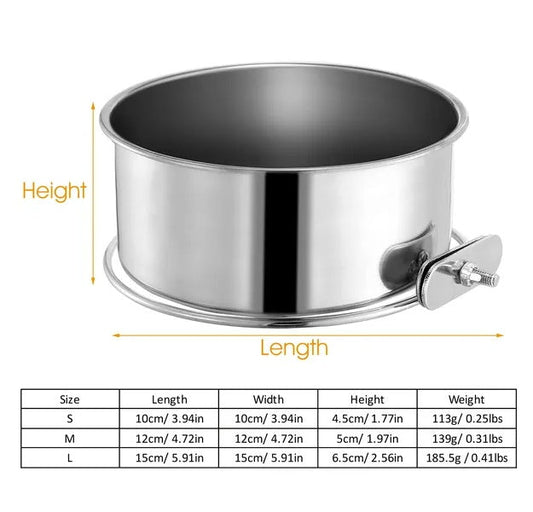 HKM-0353725 Detachable Stainless Steel Dog Bowl with Clamp for Pet Cages, Multiple Sizes Available