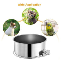 HKM-0353725 Detachable Stainless Steel Dog Bowl with Clamp for Pet Cages, Multiple Sizes Available