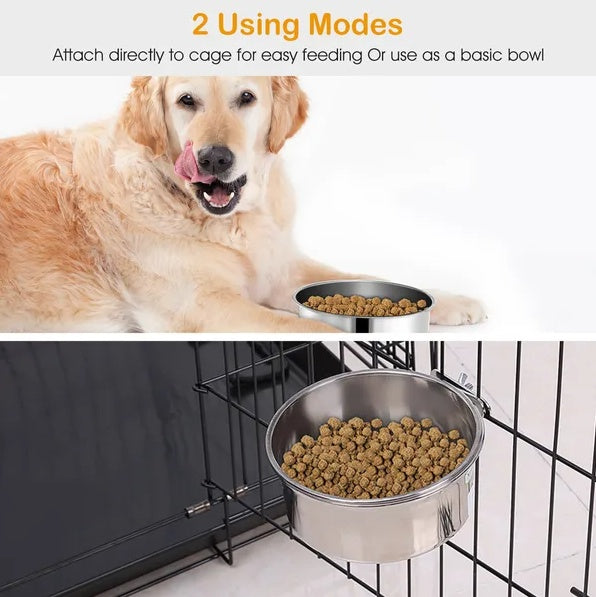 HKM-0353725 Detachable Stainless Steel Dog Bowl with Clamp for Pet Cages, Multiple Sizes Available