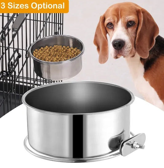 HKM-0353725 Detachable Stainless Steel Dog Bowl with Clamp for Pet Cages, Multiple Sizes Available