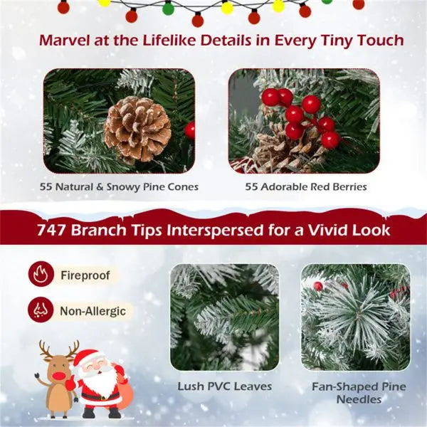 HKM-035475 6ft Pre-Lit Christmas Tree with 55 Red Berries, 55 Pine Cones, & Changeable Lights for Home or Office Decor