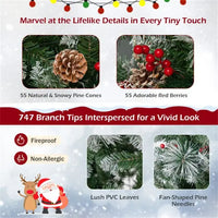 HKM-035475 6ft Pre-Lit Christmas Tree with 55 Red Berries, 55 Pine Cones, & Changeable Lights for Home or Office Decor