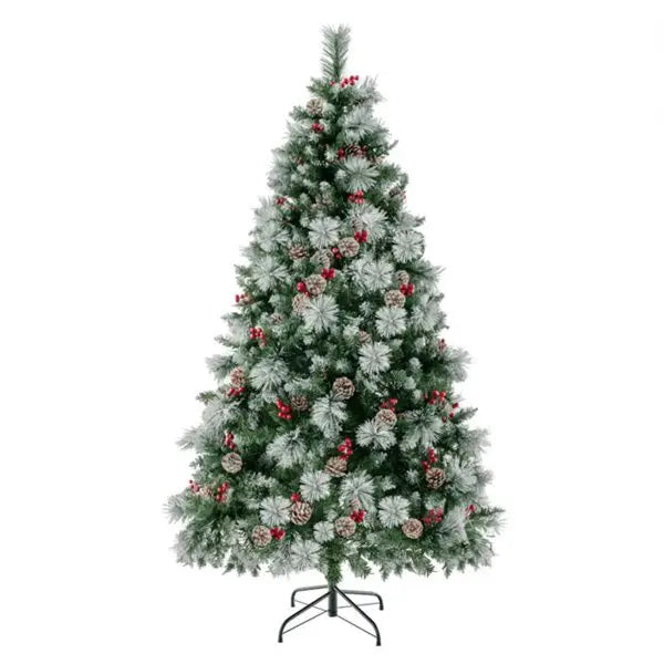 HKM-035475 6ft Pre-Lit Christmas Tree with 55 Red Berries, 55 Pine Cones, & Changeable Lights for Home or Office Decor