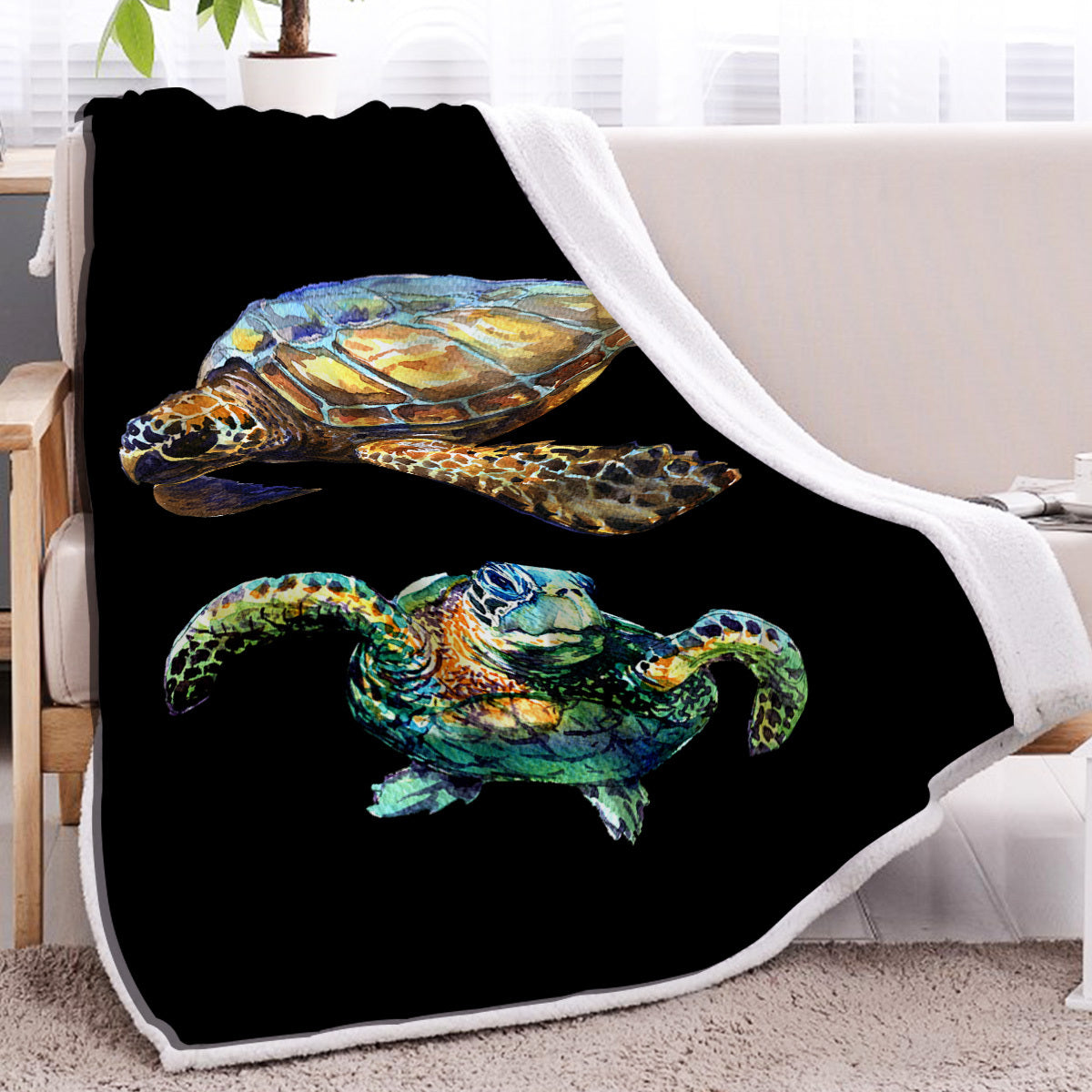 HKM-035859 Cozy Sherpa Fleece Blanket with Black Base Turtle Design - Two Sizes Available