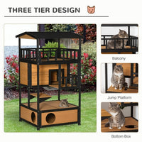 HKM-0358973 Wooden Outdoor Cat House with Escape Door and Jump Platforms, Indoor-Outdoor Cat Sanctuary