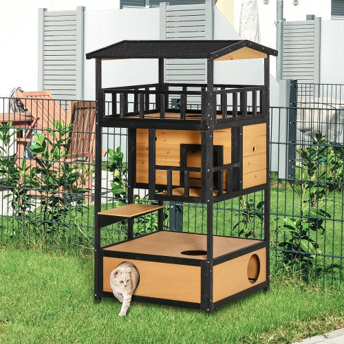 HKM-0358973 Wooden Outdoor Cat House with Escape Door and Jump Platforms, Indoor-Outdoor Cat Sanctuary