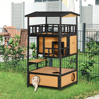 HKM-0358973 Wooden Outdoor Cat House with Escape Door and Jump Platforms, Indoor-Outdoor Cat Sanctuary