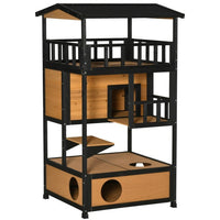 HKM-0358973 Wooden Outdoor Cat House with Escape Door and Jump Platforms, Indoor-Outdoor Cat Sanctuary