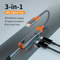 HKM-035923 3-in-1 Type-C Audio Adapter with Charger for Earphones, Compatible with Samsung and Huawei Devices