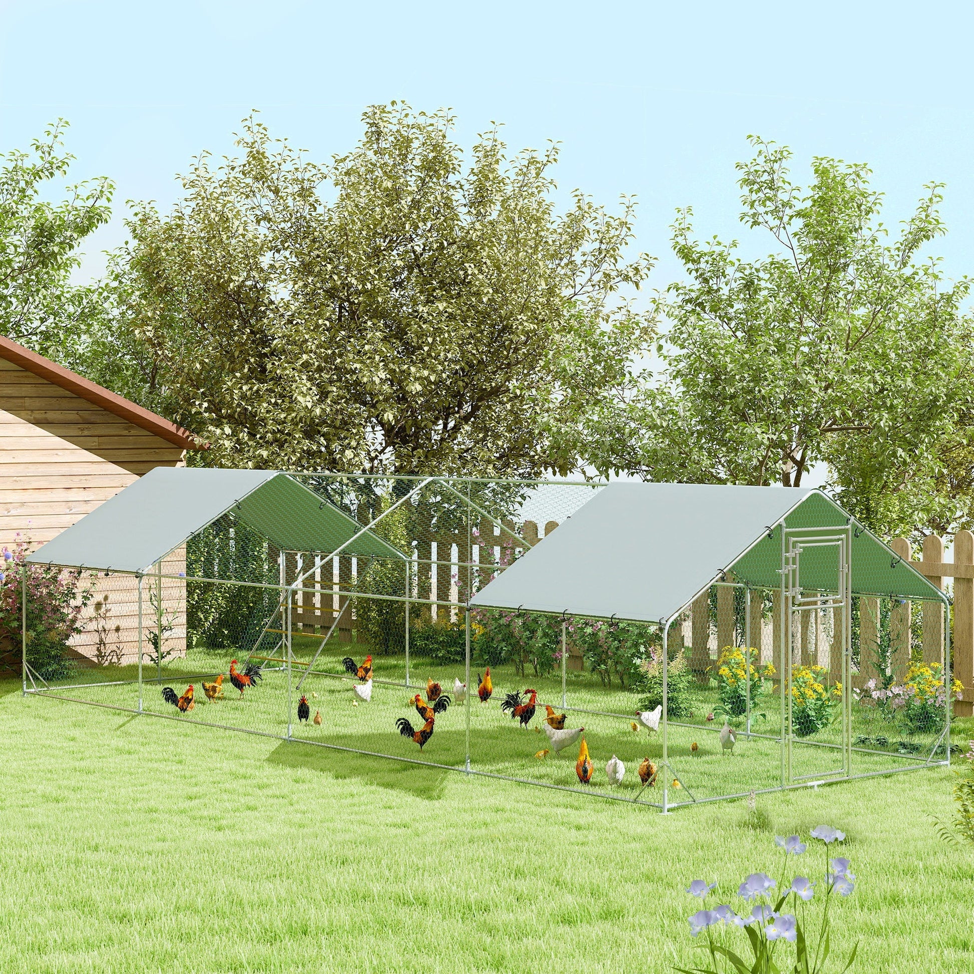 HKM-0359357 Spacious Metal Chicken Run with Waterproof Cover, Feeder, and Perches for 24-30 Chickens