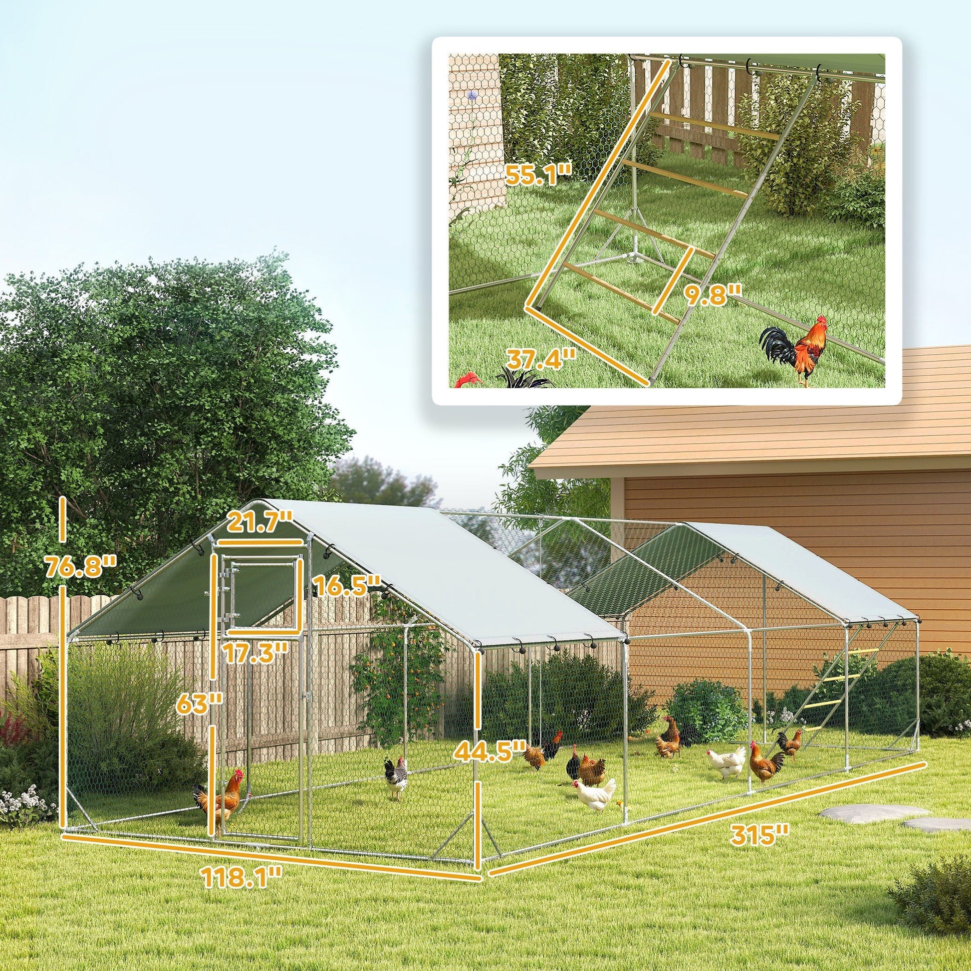HKM-0359357 Spacious Metal Chicken Run with Waterproof Cover, Feeder, and Perches for 24-30 Chickens