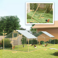 HKM-0359357 Spacious Metal Chicken Run with Waterproof Cover, Feeder, and Perches for 24-30 Chickens