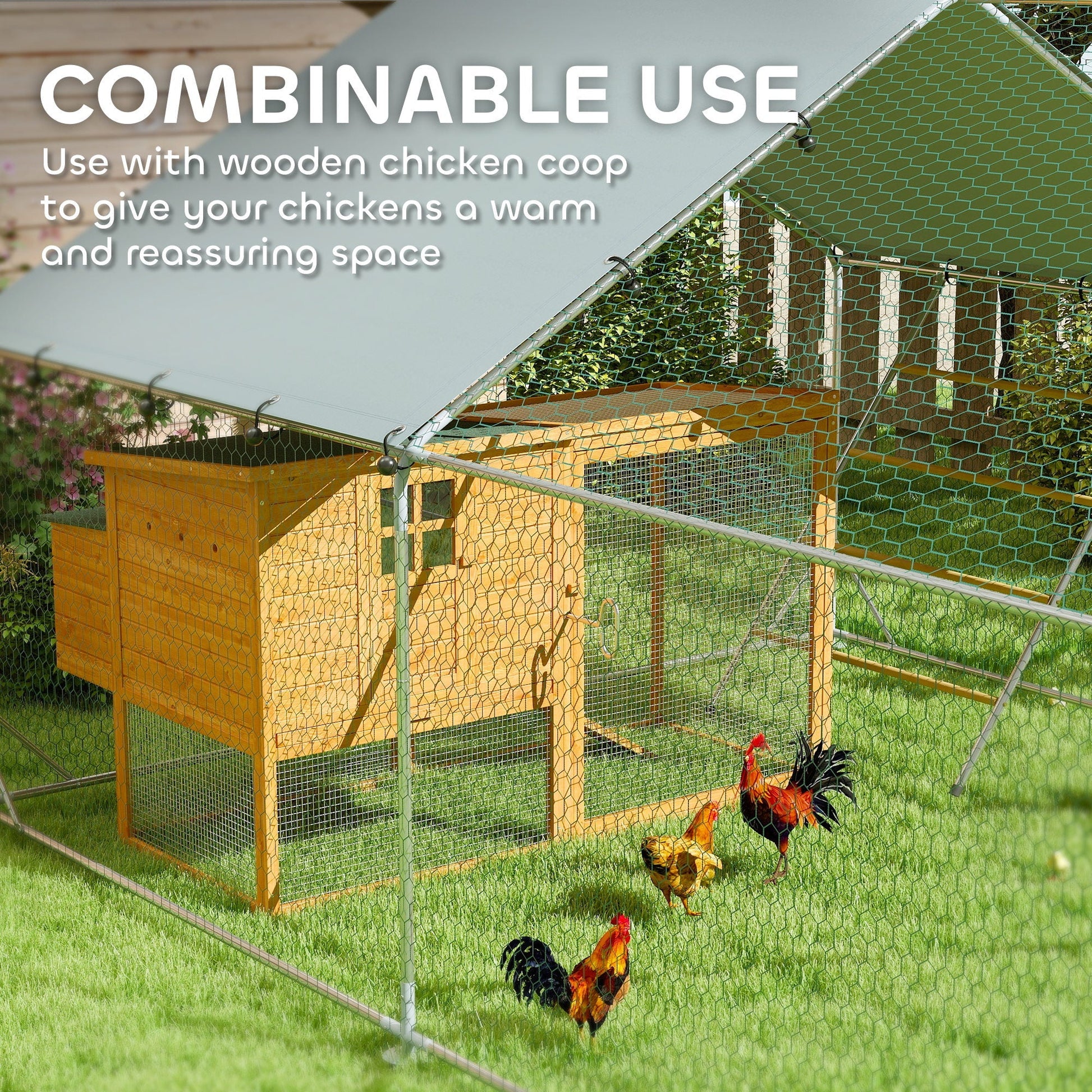 HKM-0359357 Spacious Metal Chicken Run with Waterproof Cover, Feeder, and Perches for 24-30 Chickens