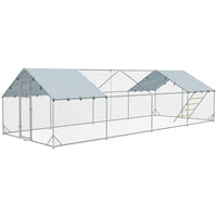 HKM-0359357 Spacious Metal Chicken Run with Waterproof Cover, Feeder, and Perches for 24-30 Chickens
