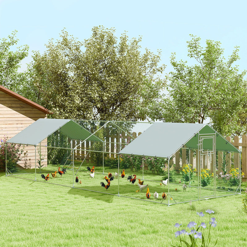 HKM-0359357 Spacious Metal Chicken Run with Waterproof Cover, Feeder, and Perches for 24-30 Chickens