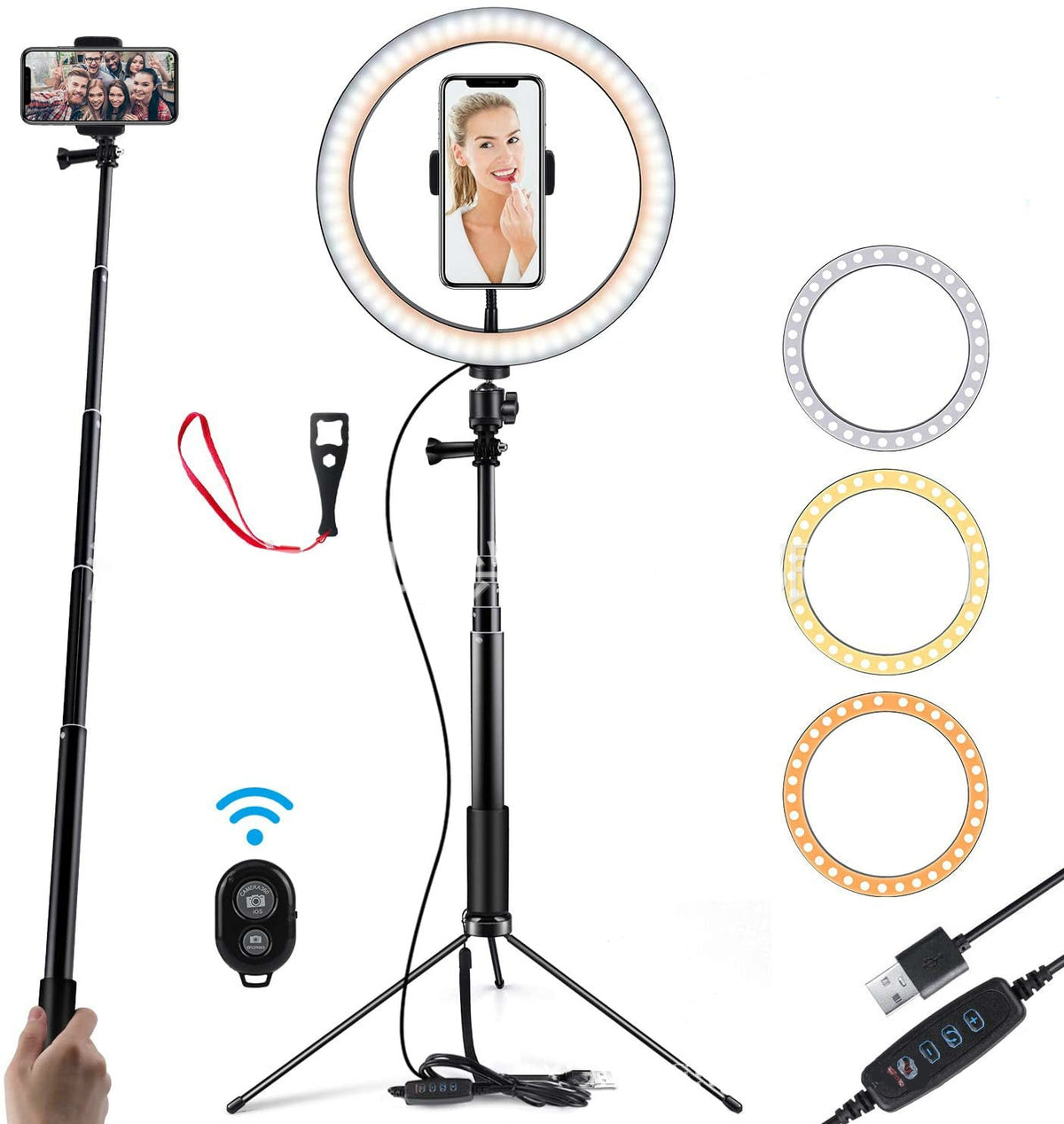 HKM-036243 10-Inch Dimmable LED Ring Light with Tripod and Bluetooth Remote for Phone Selfie and Video Shooting