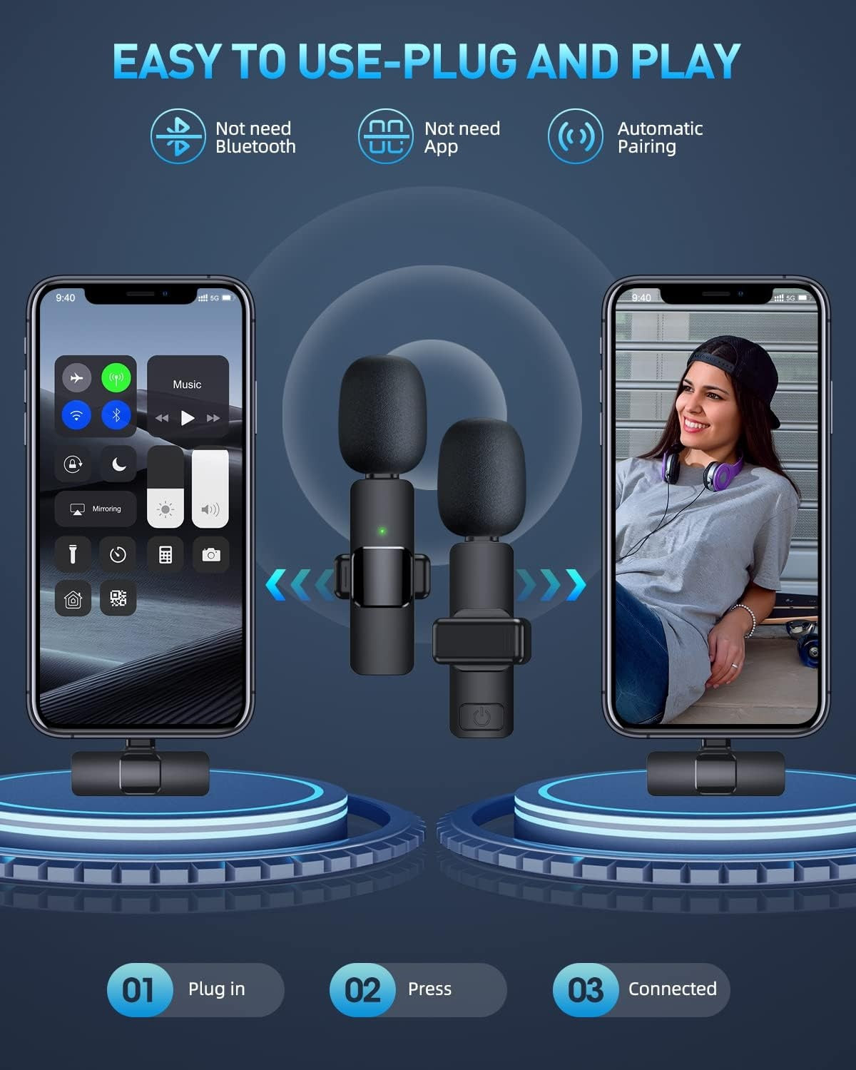 HKM-036371 Rechargeable Wireless Lavalier Microphone for iPhone 15/16 – Automatic Pairing, Omnidirectional Sound, 50ft Range for Vlogging and Streaming