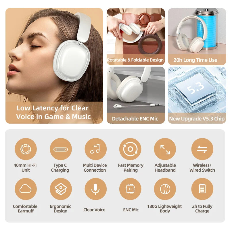 HKM-037011 Foldable Wireless Bluetooth 5.3 Headphones with Detachable Microphone for Music and Calls