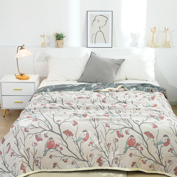 HKM-037011 Printed Cotton Gauze Towel Blanket - Summer Plants & Flowers Design, Available in 150x200cm and 200x230cm Sizes