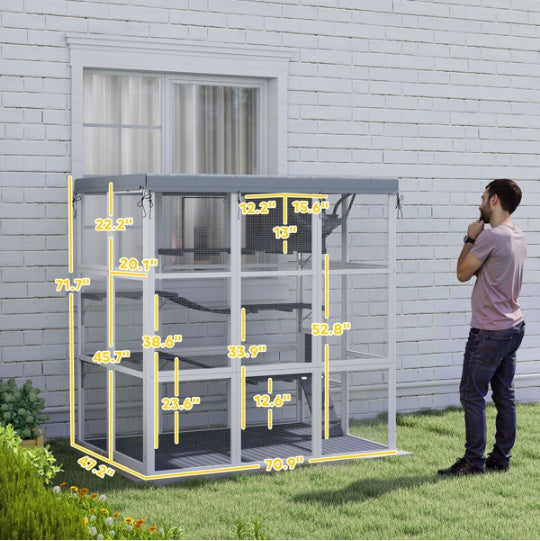 HKM-0371261 Spacious Cat Enclosure with Hammock, Ladders, Condo, and Waterproof Oxford Fabric