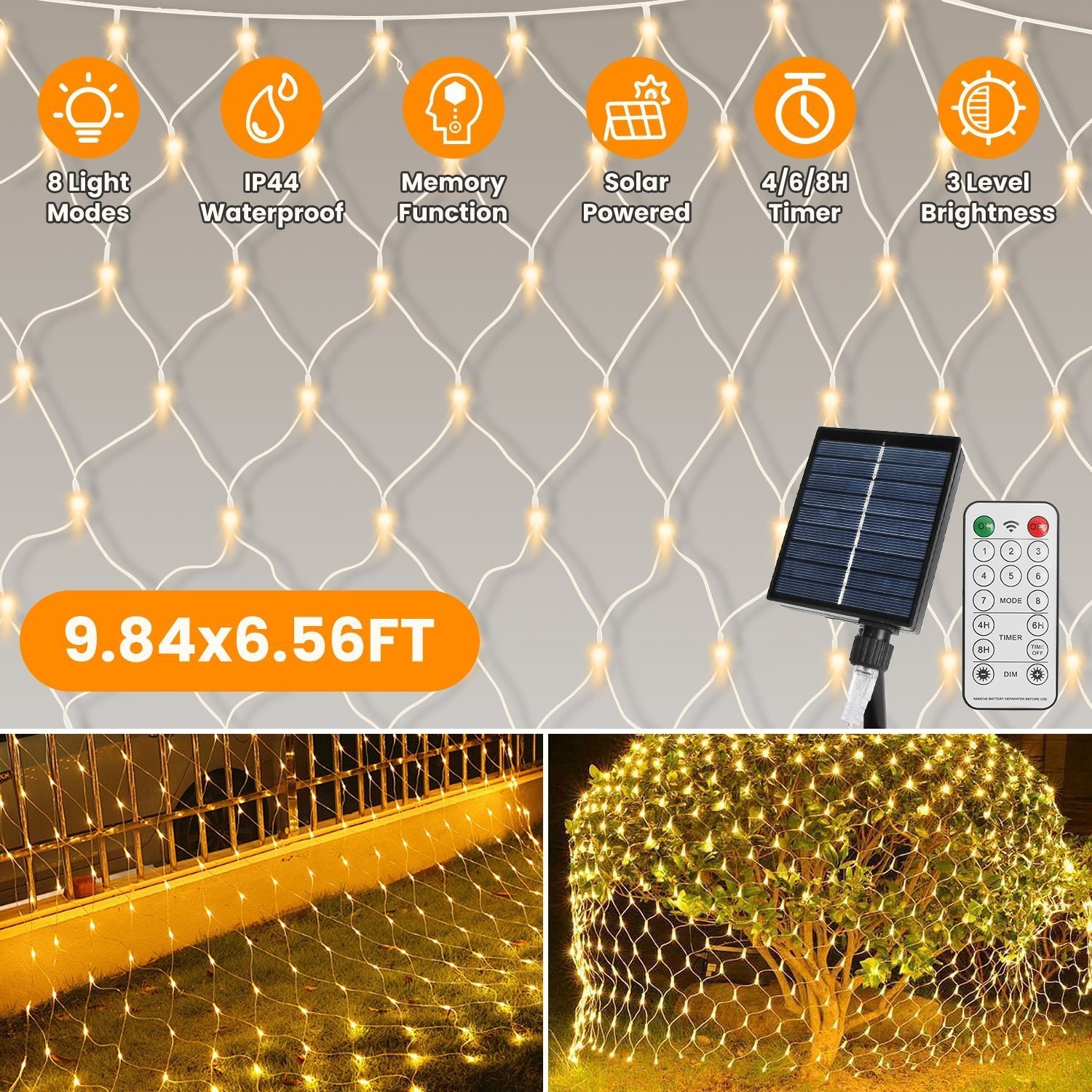 HKM-037139 192 LED Solar Christmas Net Lights 9.84x6.56FT, Dimmable, 8 Modes, IP44 Waterproof, Remote Control Timer for Indoor/Outdoor Decorations