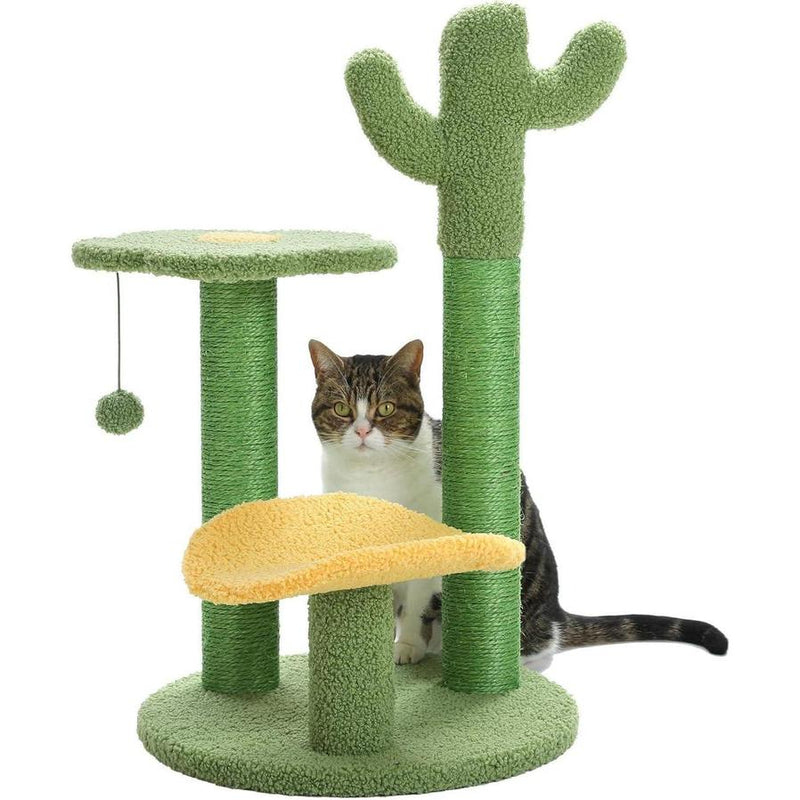 HKM-037331 Cactus Cat Tree with Flower Perch, Soft Top, and Hanging Ball for Indoor Cats