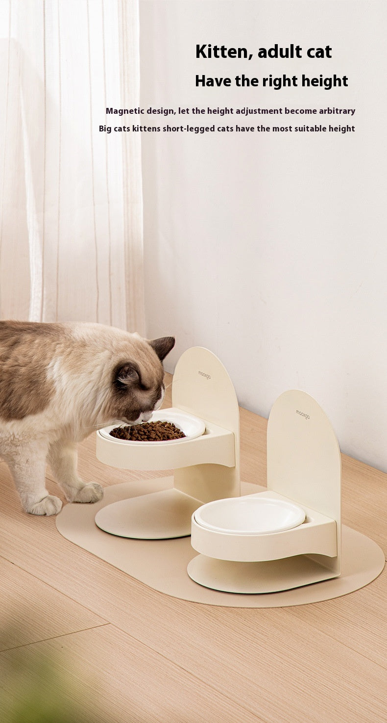 HKM-0377149 Adjustable Ceramic Cat Bowl with Elevated Base and Slanted Design for Neck Support