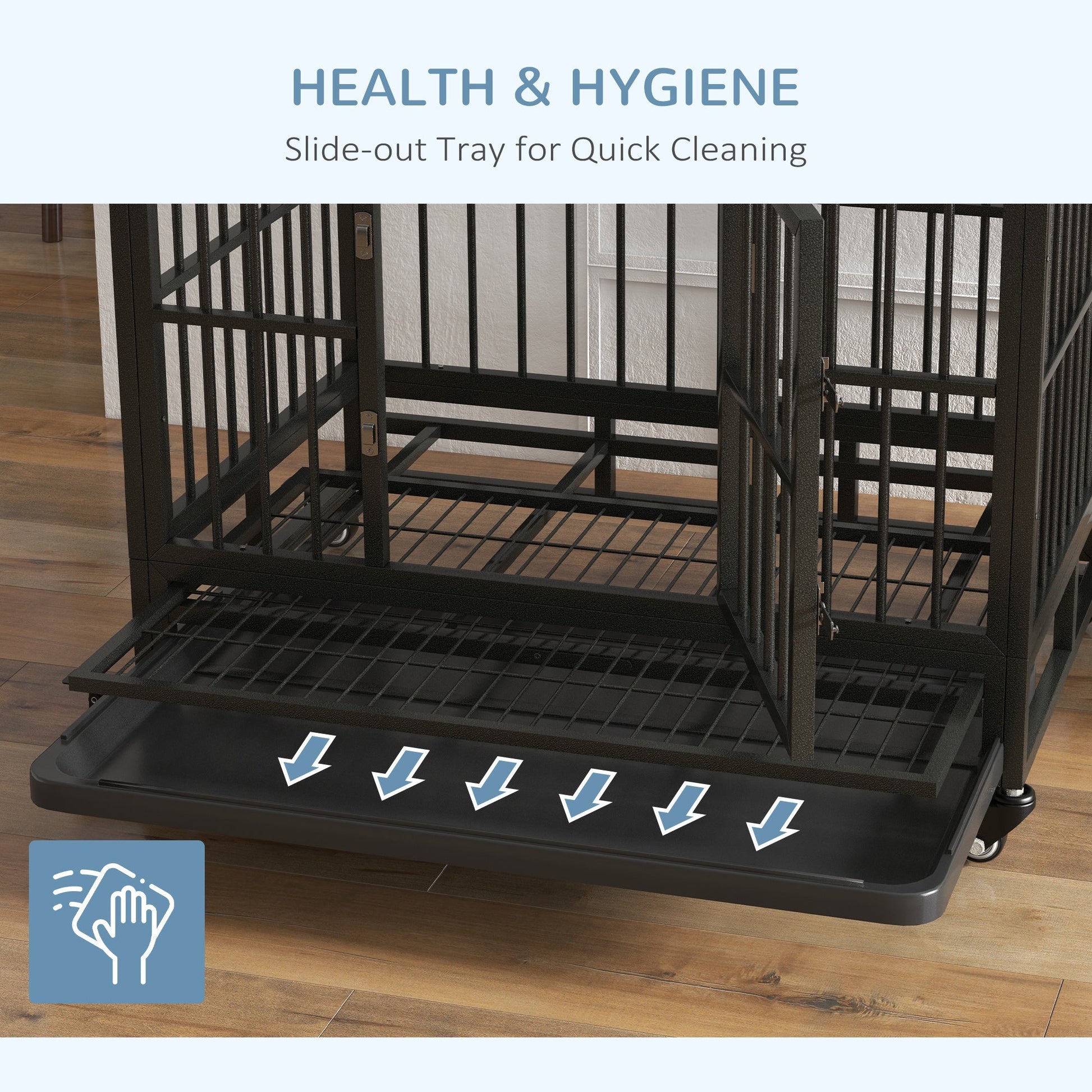 HKM-0380605 Heavy Duty 43" Dog Crate with Lockable Wheels and Dual Access Doors