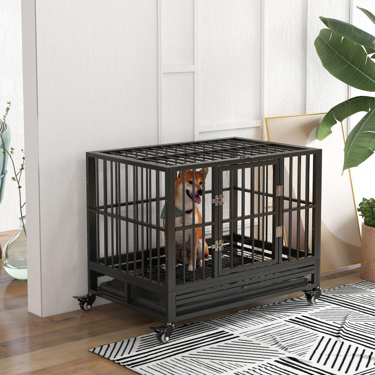 HKM-0380605 Heavy Duty 43" Dog Crate with Lockable Wheels and Dual Access Doors