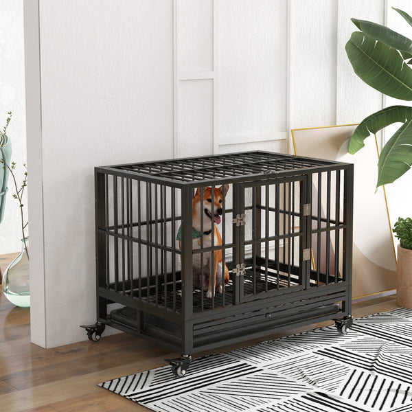 HKM-0380605 Heavy Duty 43" Dog Crate with Lockable Wheels and Dual Access Doors