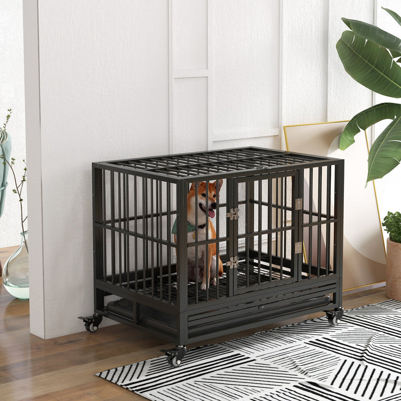 HKM-0380605 Heavy Duty 43" Dog Crate with Lockable Wheels and Dual Access Doors