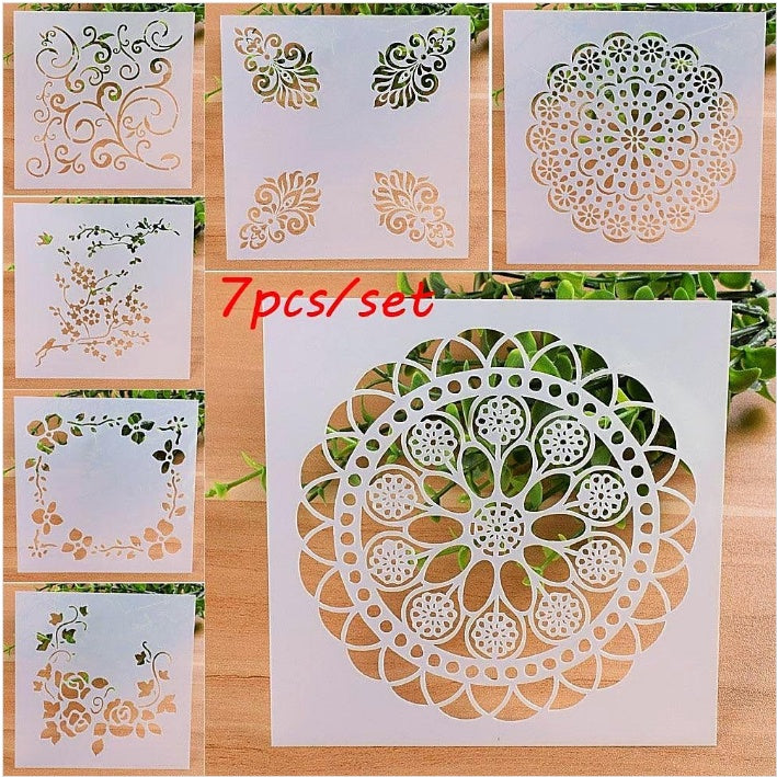 HKM-038099 7-Piece Woodburning Stencil Set - 13x13cm Decorative Templates for Craft Projects