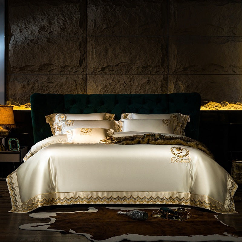 HKM-038483 Silk Cotton Embroidery Four-Piece Bedding Set in Solid Color - Long-Staple Cotton, Standard and Plus Sizes Available