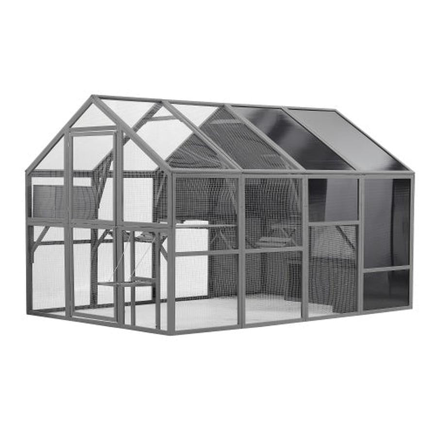 HKM-038483 Spacious Outdoor Wooden Cat Cage with Multi-Level Activity Areas and Access Doors