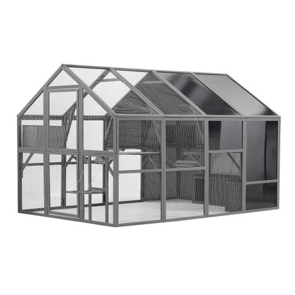 HKM-038483 Spacious Outdoor Wooden Cat Cage with Multi-Level Activity Areas and Access Doors