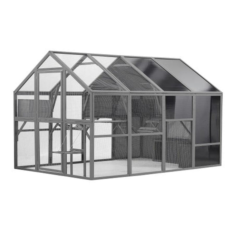 HKM-038483 Spacious Outdoor Wooden Cat Cage with Multi-Level Activity Areas and Access Doors