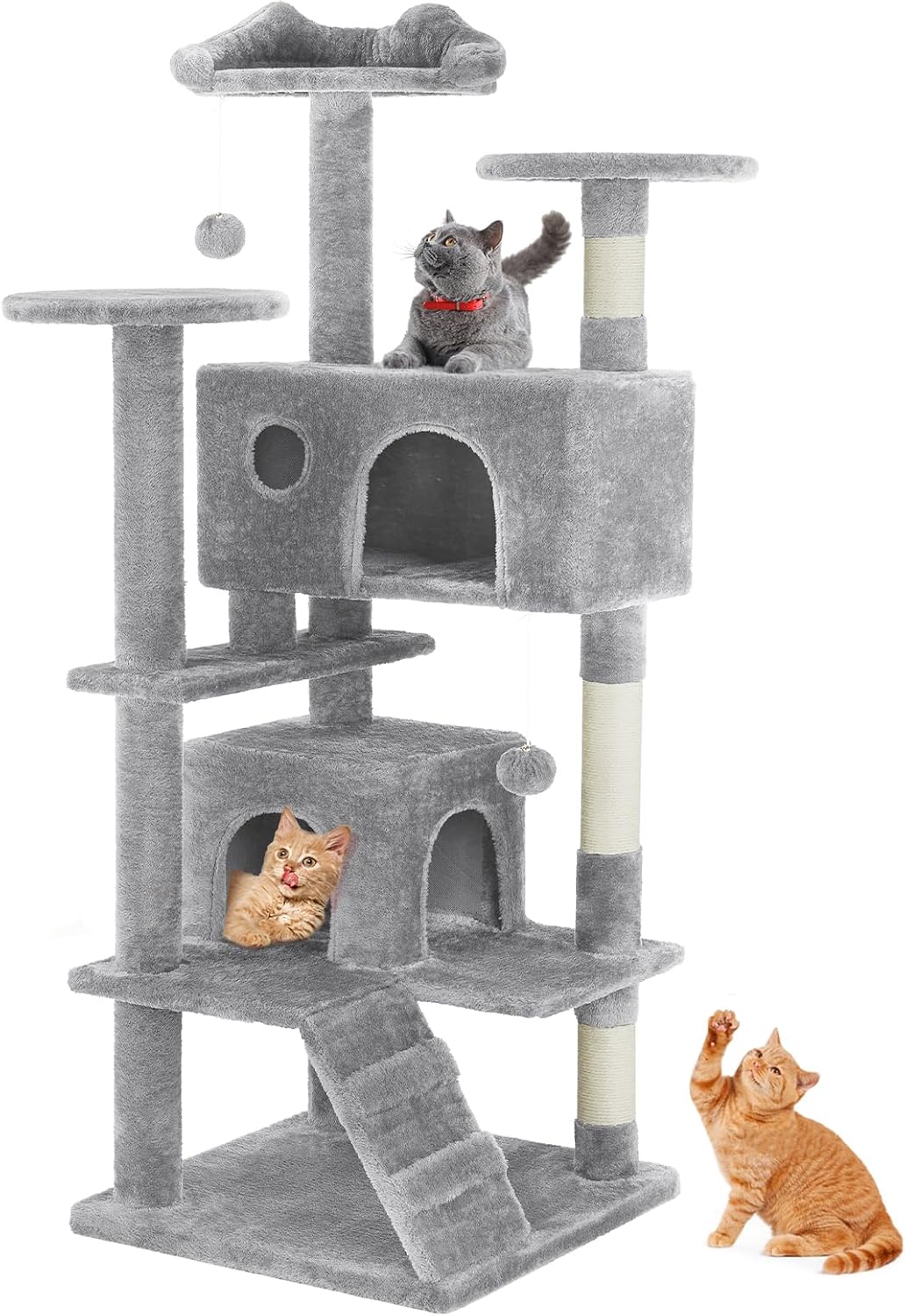 HKM-0386365 Multi-Level Cat Tree with Sisal Posts, Indoor Climbing Structure, Cozy Cat Apartments, and Plush Toys
