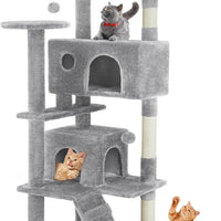 HKM-0386365 Multi-Level Cat Tree with Sisal Posts, Indoor Climbing Structure, Cozy Cat Apartments, and Plush Toys
