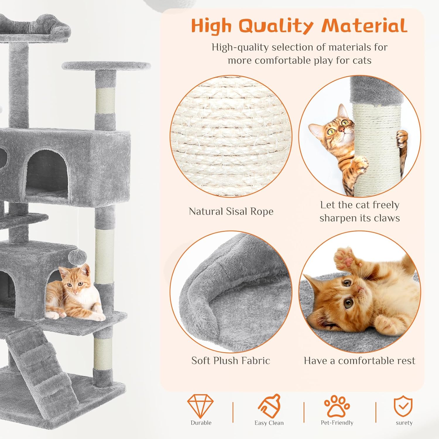 HKM-0386365 Multi-Level Cat Tree with Sisal Posts, Indoor Climbing Structure, Cozy Cat Apartments, and Plush Toys